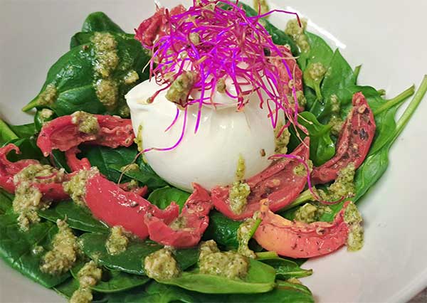 Jeunes pousses d'épinards frais, burrata, tomates sèchées, pesto d'edamame