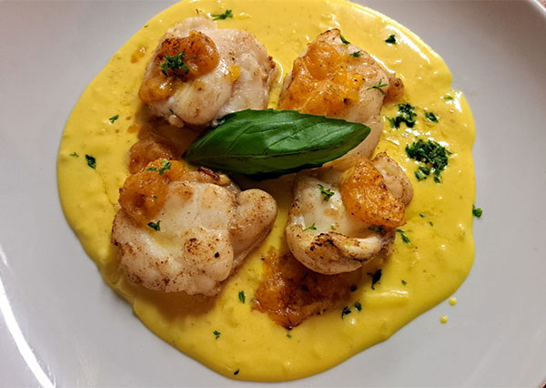 Lotte aux clémentines, safran, crème de coco, pommes de terre grenailles