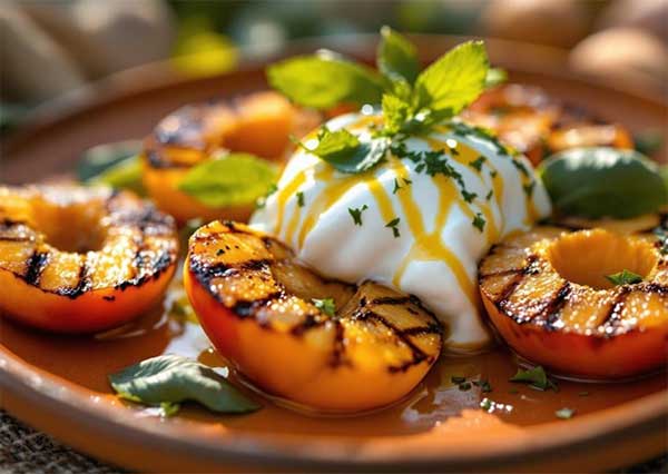 Pêche grillées, buratta, miel de fleur, crème balsamique Pêche grillées, buratta, miel de fleur, crème balsamique