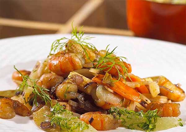 Scampis au miel d accacia fenouil et orange de chez Il Rifugio à Bruxelles