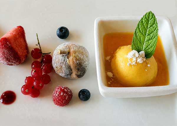 Sorbet mangue,coulis de mandarine et fruits en délice glacé (fruttini)